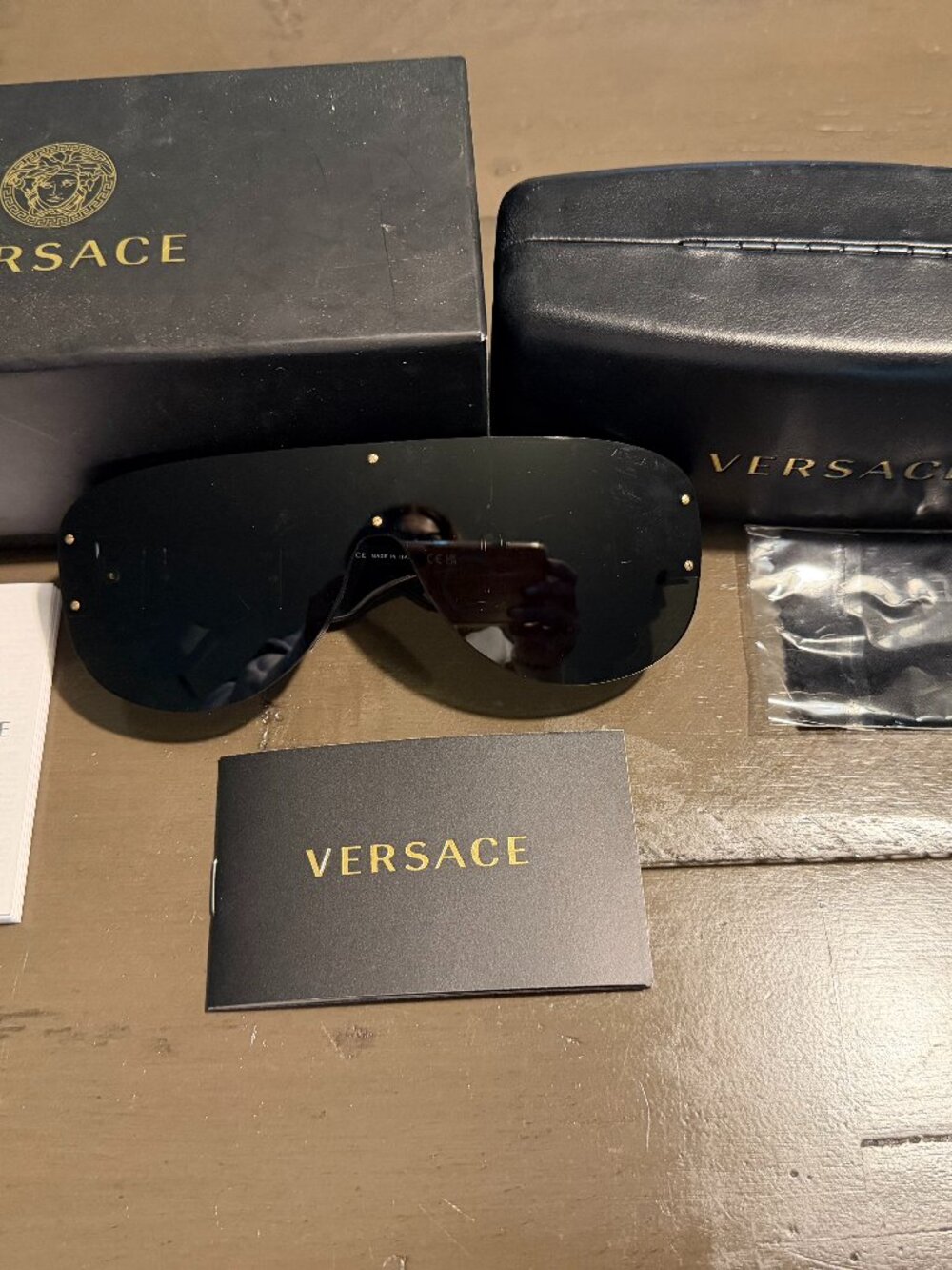 Versace VE4391 Medusa Shield Sunglasses Black Gold w/ Case & Box
